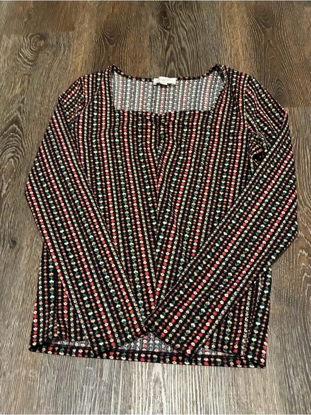 LOFT Black Long Sleeve Top with Multicolor floral Dot Stripe